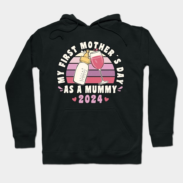 Funny My First Mother´s Day As A Mummy 2024 Retro Vintage Sunset Hoodie by FloraLi